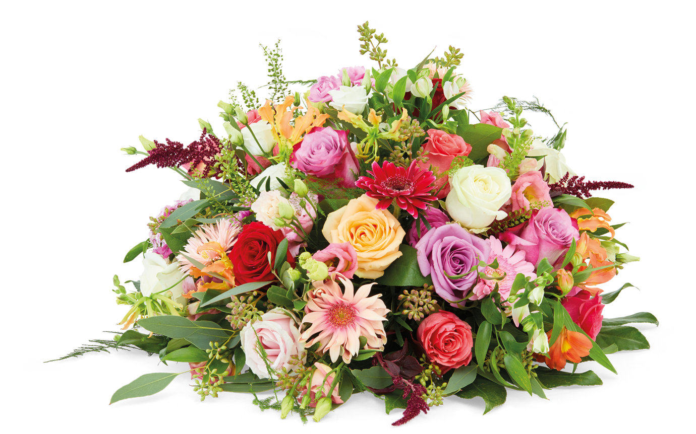 Rond rouwstuk in pastelkleuren met seizoensbloemen, opgemaakt in zachte tinten