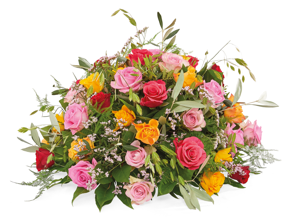 Biedermeier rouwstuk van rozen in kleurrijke tinten