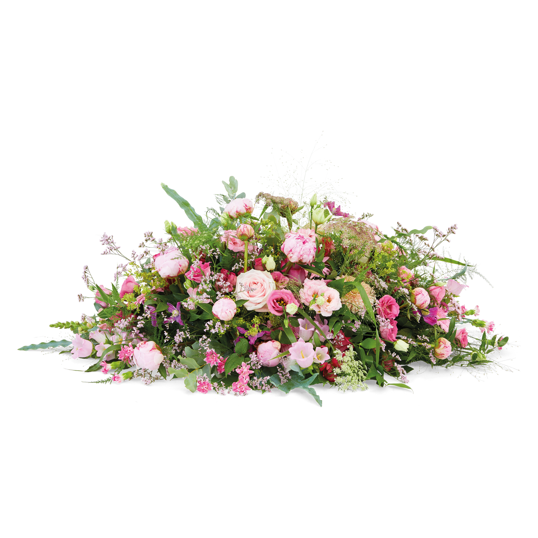 Een bloemrijk ovaal rouwstuk